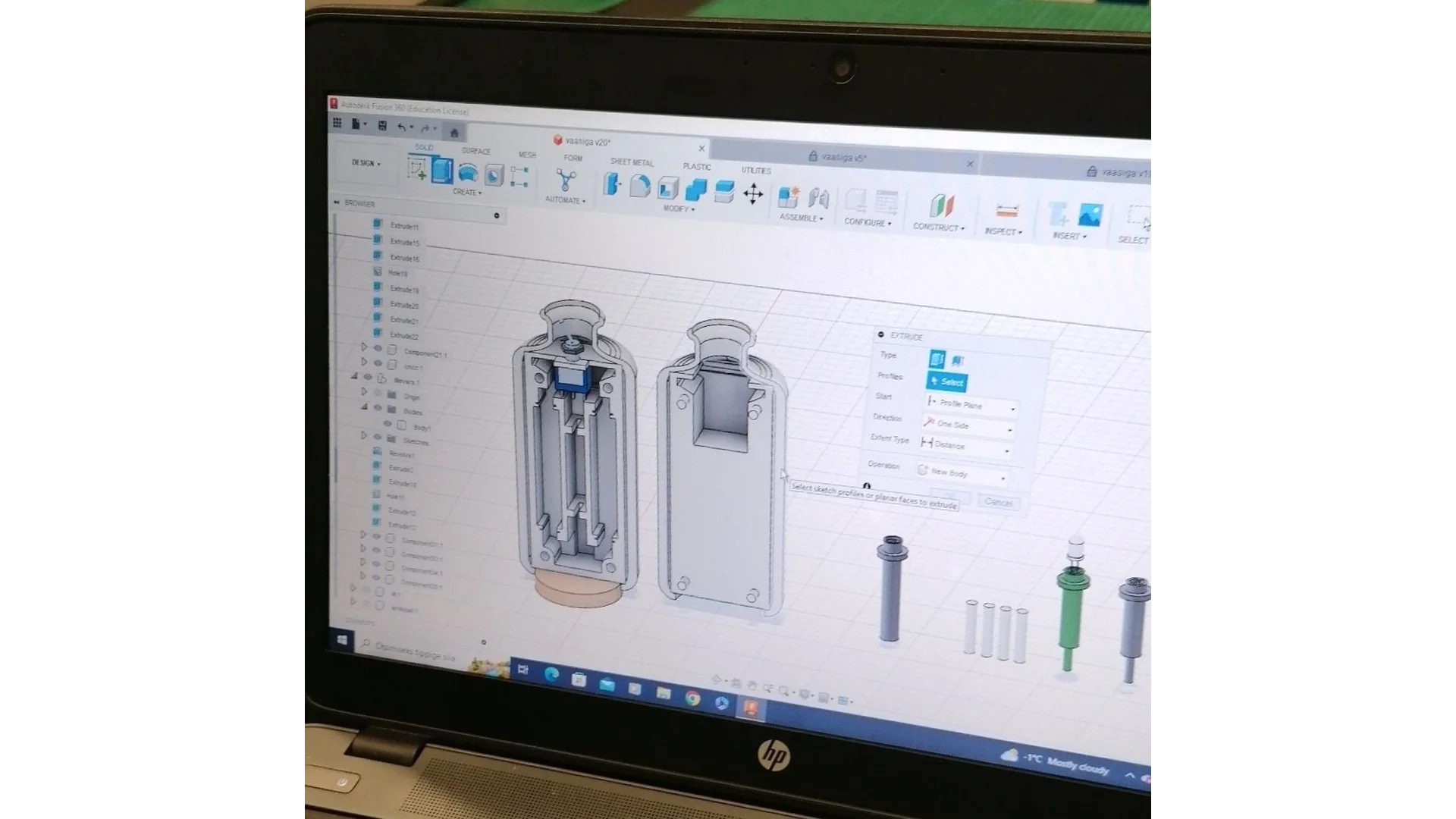Vart liigutades sisselülitatav lamp. Modelleeritud Fusion 360-s, 3D-prinditud vaasiosa ja vars, laseriga lõigatud pleksiklaasist õis.